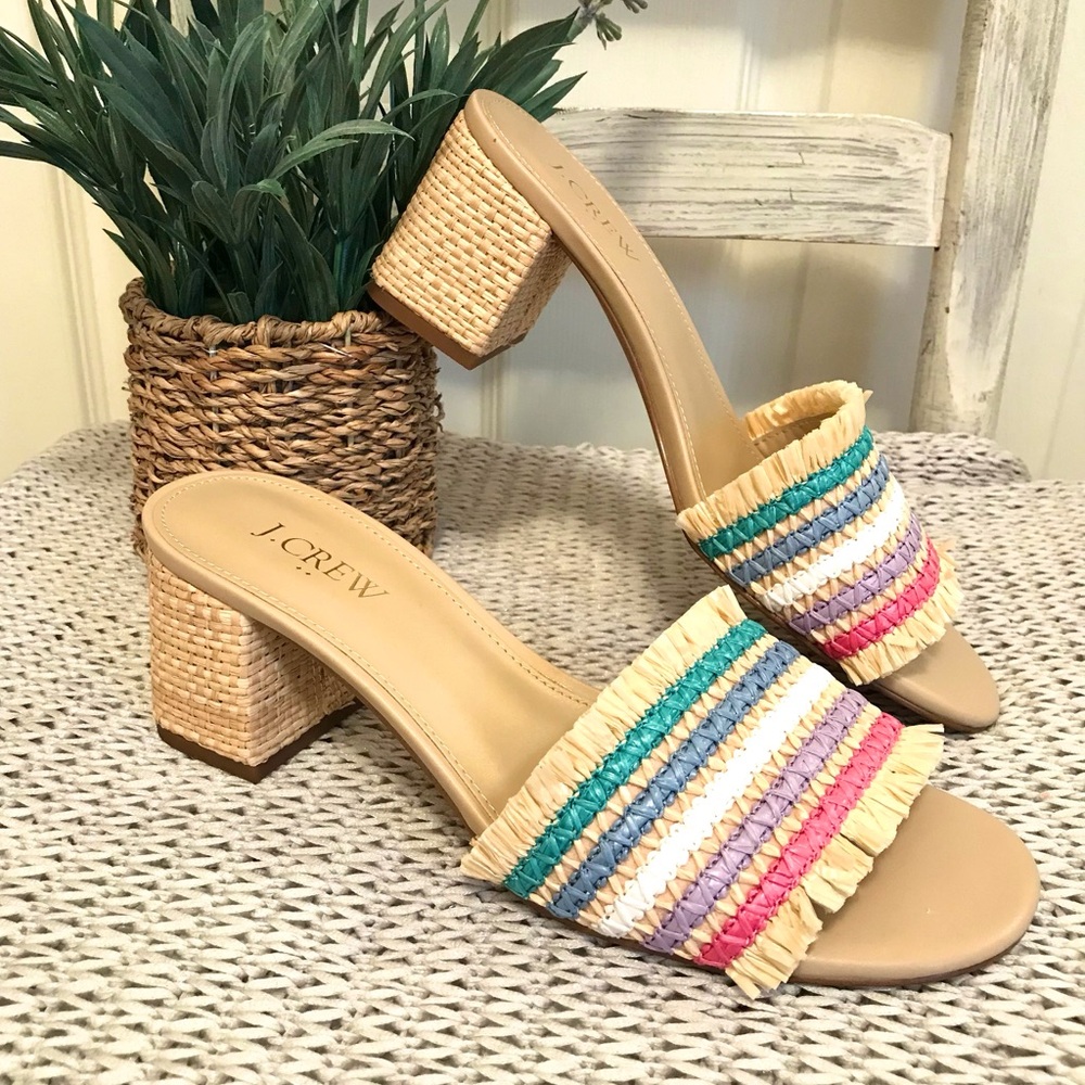 J. Crew Rainbow Raffia Block Heel Sandals